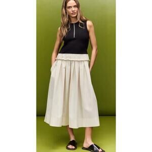 PLAN C x RTR Dress Knit & Poplin Two Toned Pleated Midi Cream Black Colorblock 4